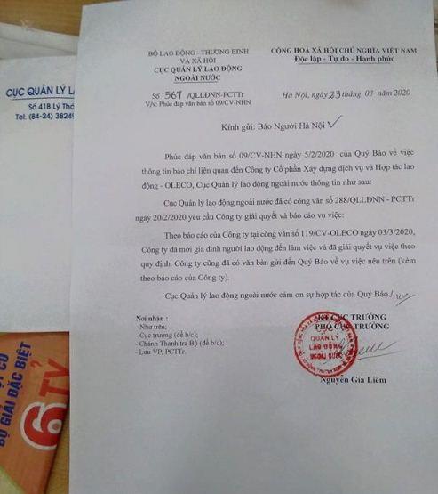 Cục Quản lý lao động Ngoài nước phản hồi báo Người Hà Nội về vụ Công ty XKLĐ Oleco Chi tiết